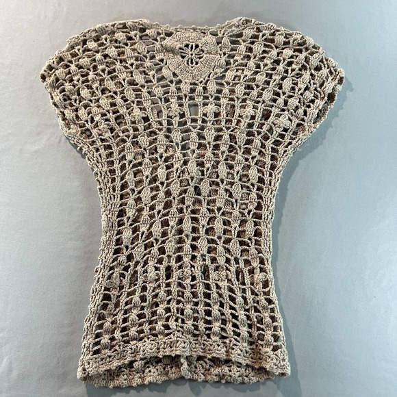 Say What? XS Tan Crochet Knit Open Cardigan Vest Boho Festival Layering Top - Picture 8 of 9
